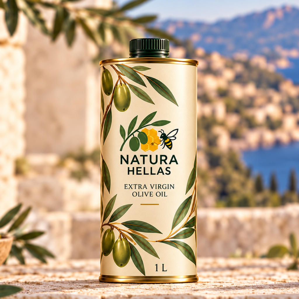 Natura Hellas runder 1-Liter-Olivenölkanister mit Olivenzweigen und bronzefarbenen Details – Designvorschau