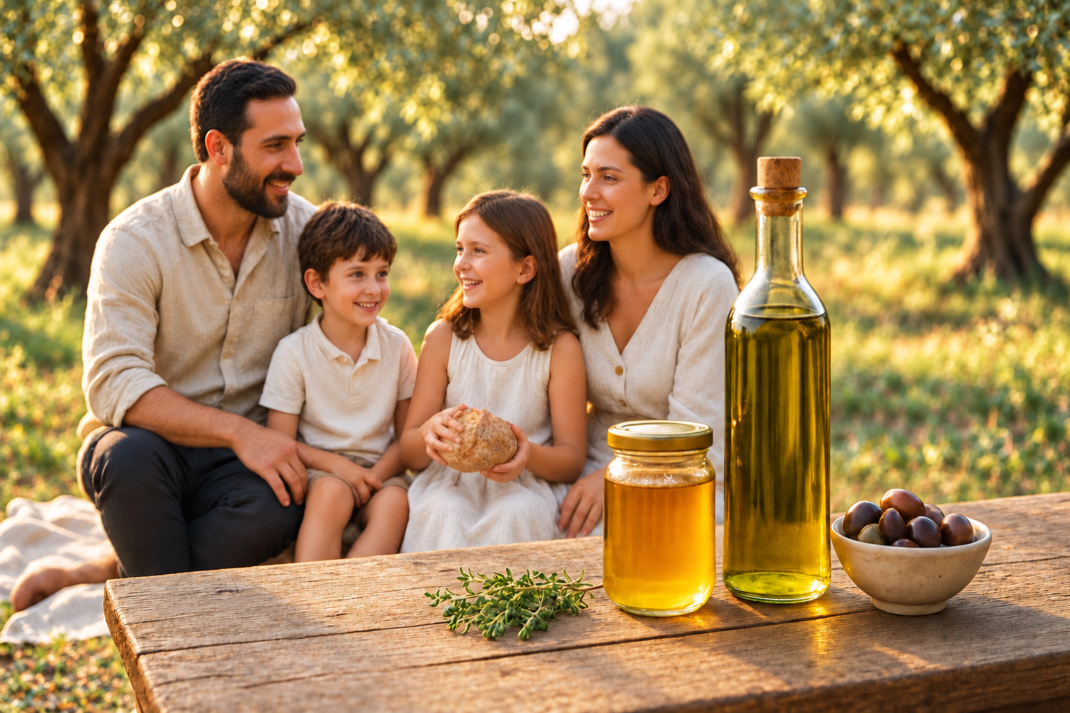 Illustrative Mediterranean family enjoyment scene with olive oil, honey and herbs