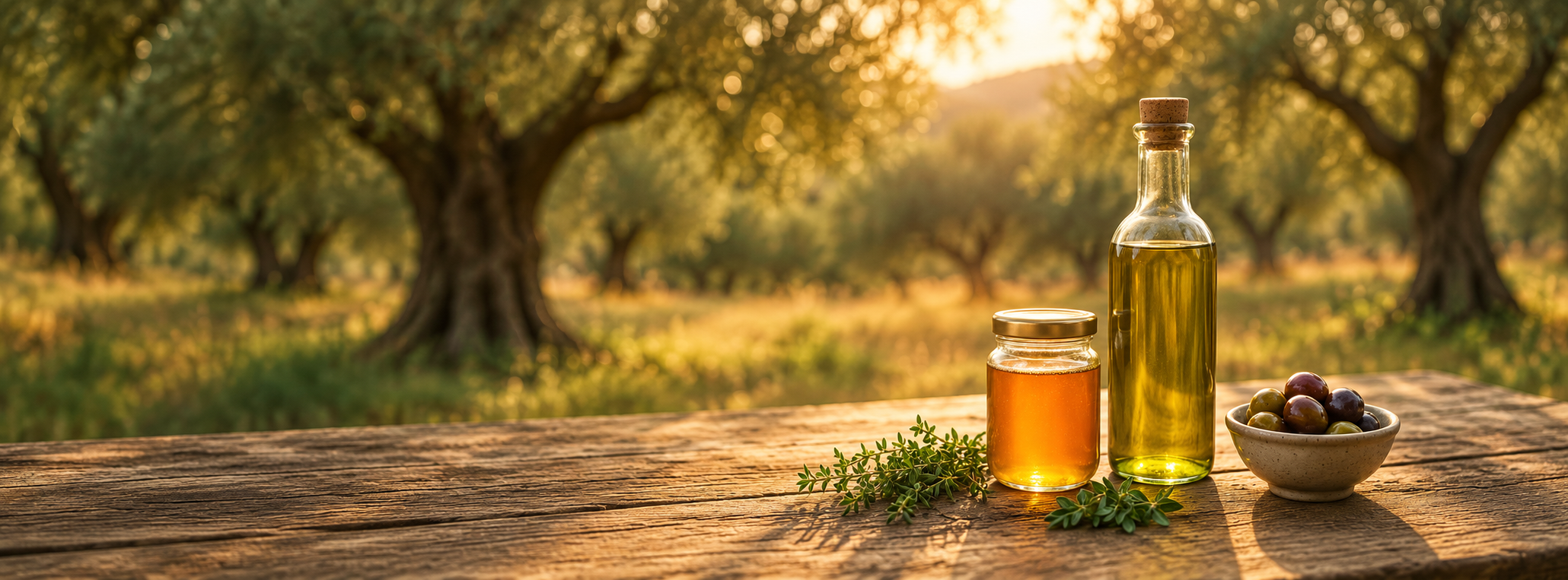 Olive oil, honey and herbs on a table
