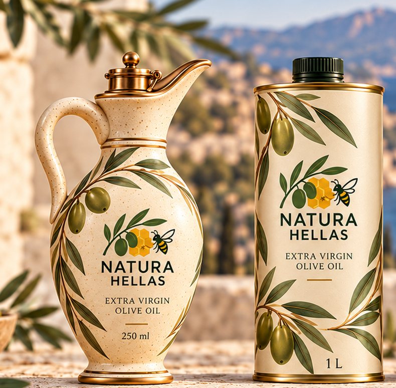 Natura Hellas Designvorschau: 250-ml-Keramikamphore und runder 1-Liter-Olivenölkanister im Geschenkset